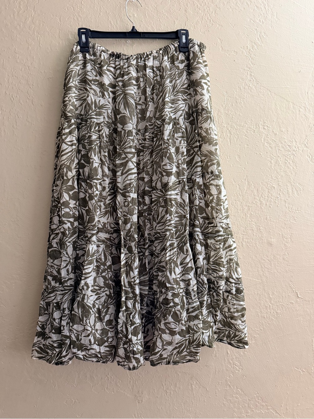 Avenue Olive and Cream Printed Tiered Maxi Skirt